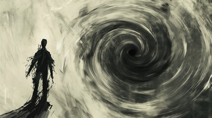 A man stands in front of a swirling vortex, the concept showing a empty hole of depression