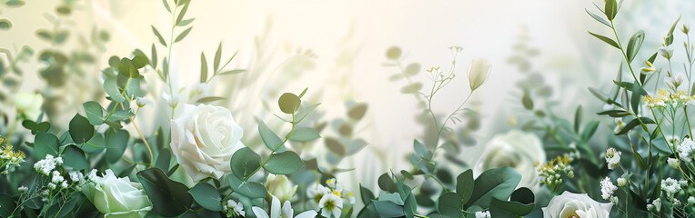 Watercolor seamless border illustration with green leaves and white flowers with blurred background