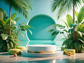 Fototapeta premium Modern Round Podium for Product Display with Tropical Plants and Minimalist Design in a Serene Setting