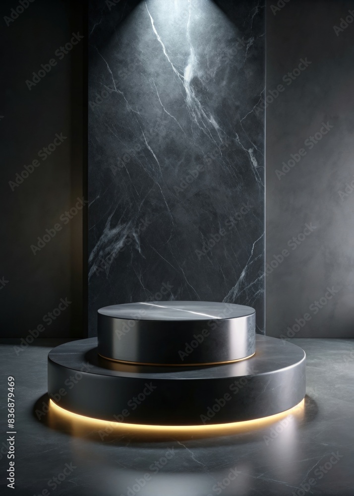 Aufkleber elegant round podium for product display with modern dark marble background and soft lighting