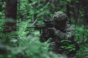 Armed military personnel in full gear concentrates on a target, blending into the dense forest environment