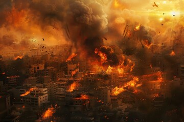 The apocalyptic urban inferno, a dystopian scene of chaos and destruction in a city engulfed in flames and explosions