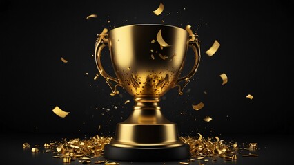 golden trophy cup, black background, confetti pieces, symbols of victory, recognition, and celebration