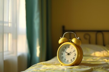 Yellow alarm clock on a bed with sunlight shining through the window, symbolizing a fresh start to the day