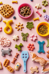 Fototapeta premium Pet food and accessories in different shapes on a light isolated background