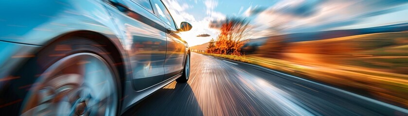 Obraz premium Closeup of a car traveling fast on a scenic route, blurred landscape, emphasis on motion and travel freedom