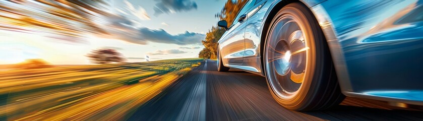 Fototapeta premium Closeup of a car traveling fast on a scenic route, blurred landscape, emphasis on motion and travel freedom