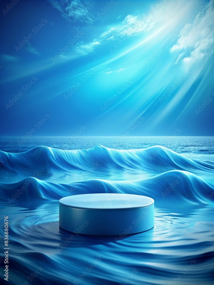 Aufkleber elegant round podium for product display in serene oceanic setting with sunlight rays and waves