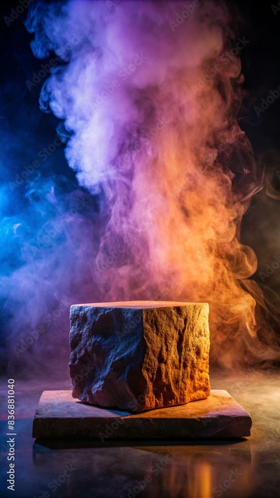 Poster elegant round podium for product display with dramatic lighting and colorful smoke effects - perfect