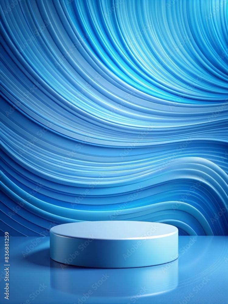 Poster elegant round podium for product display with modern blue wavy background - perfect for showcasing c