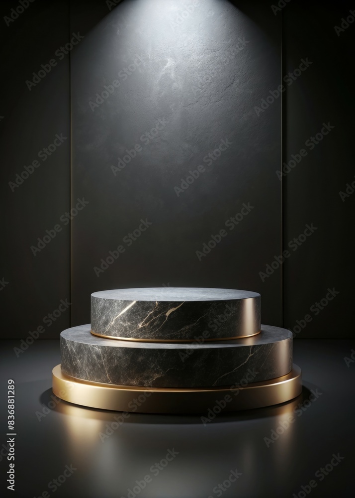 Poster elegant round podium for product display with marble texture and golden accents in modern minimalist