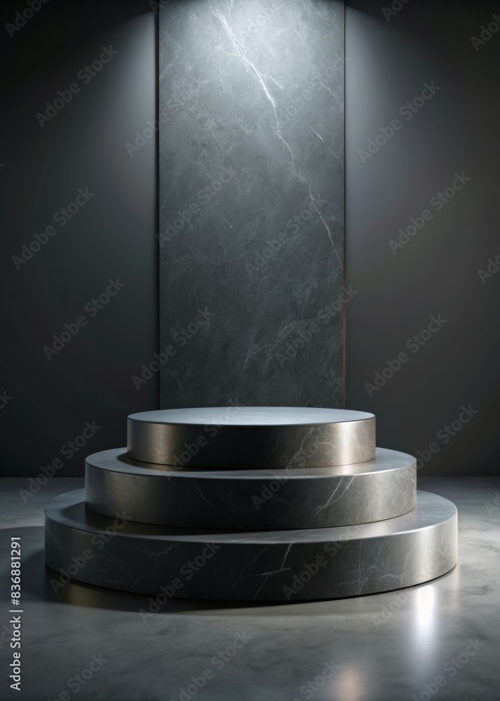 Poster elegant round podium for product display with modern marble texture and dramatic lighting in a minim