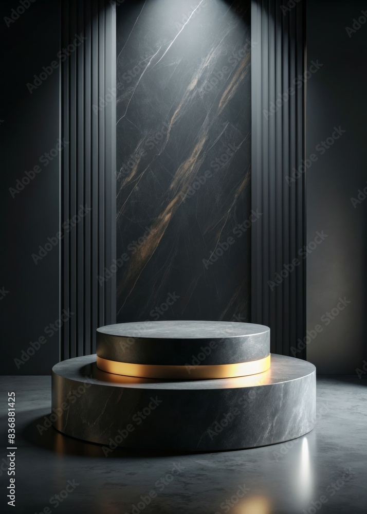 Poster ** elegant round podium for product display in modern minimalist setting with dramatic lighting and 