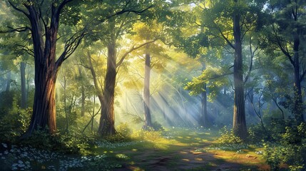 Obraz premium A whimsical forest scene at sunrise, where the light filters through the trees.