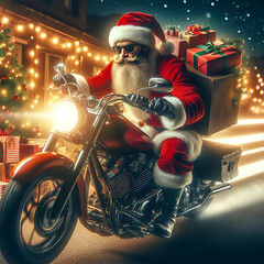 Unconventional biker Santa Claus riding a fast motorbike and delivering Christmas gifts
