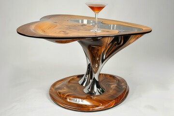 Modern coffee table with a smooth wooden finish and glass top, featuring a single martini glass