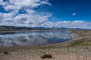 landscape of the surroundings of the village of Kosh Agach mountains with lakes and unusual...