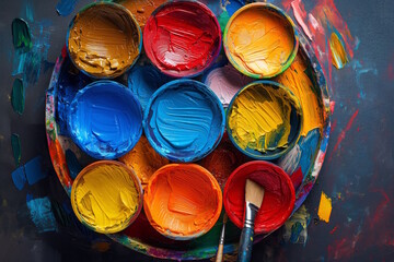 Colorful paint cups and brushes. Concept for creativity and art