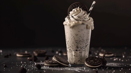 A decadent Oreo shake with crushed Oreos and whipped cream on top, set against a solid black background, highlighting the indulgent and creamy texture.