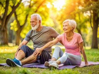 Fototapeta premium Senior Couple Enjoying Outdoor Exercise in a Sunny Park, Smiling and Relaxing on Yoga Mats, Embracing Healthy Lifestyle and Fitness in Nature, Golden Hour Light, Active Elderly Lifestyle