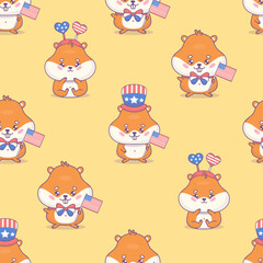 Seamless pattern with patriotic cartoon hamster in party accessories and American flag on yellow background. Vector illustration for holiday Independence Day. Kids collection.