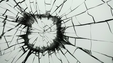 A shattered window with a black hole in the center