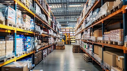 Pallets stacked high, forklifts maneuvering through aisles, and cartons ready for distribution in a high-resolution image.