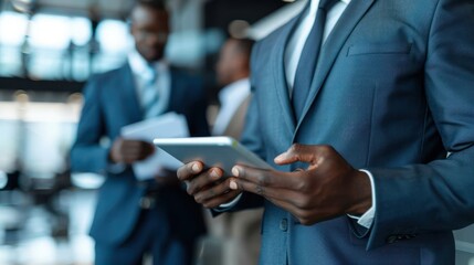 Business professionals networking and working on digital devices in a modern office setting highlighting teamwork and technology integration.
