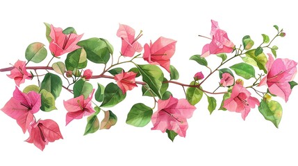 Watercolor illustration of pink bougainvillea flowers and green leaves on a white background.