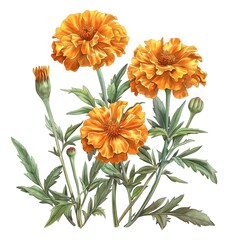 Fototapeta premium Vibrant orange marigold flowers with green leaves, beautifully illustrated against a white background. Perfect for botanical designs and decor.