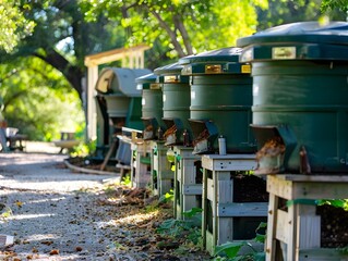 Naklejka premium A Row of Compost Tea Brewers Used for Fertilizing Crops in an Organic Garden