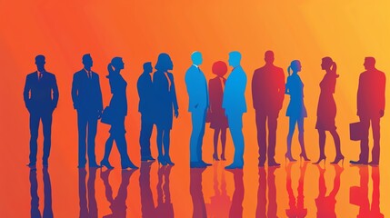 Silhouettes of diverse businesspeople standing, with vibrant orange and blue background, symbolizing teamwork and collaboration.