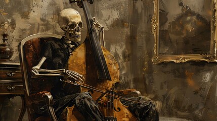 Skeleton playing a cello in a dark, old room, evoking a gothic and eerie atmosphere, perfect for Halloween themes and macabre art.
