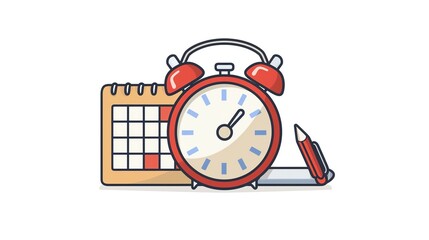 Illustration of a red alarm clock, calendar, pencil, and ruler representing time management and scheduling on a white background.