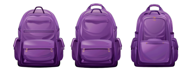 Three purple backpacks are shown in a row
