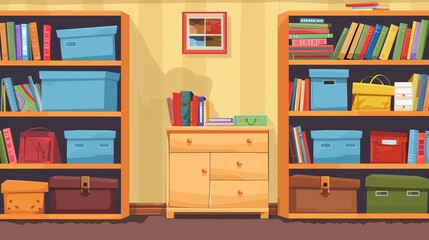 Illustration of a neatly organized home office with bookshelves, cabinets, and various storage boxes for a tidy and productive workspace.
