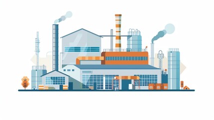 Illustration of a modern industrial factory complex with chimneys, warehouses, and machinery, depicting advanced manufacturing processes.