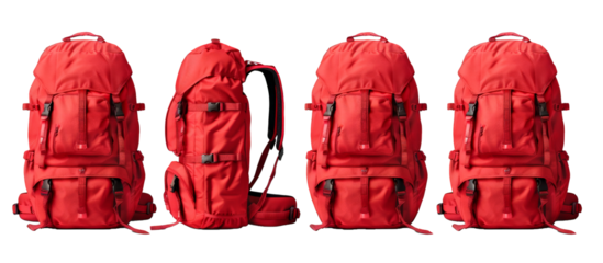 A red backpack is shown in four different angles