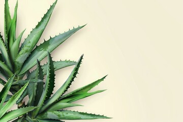 Top view of a lush green aloe vera plant on a soft creamcolored background with space for text