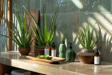 Warm sunlight bathes a serene bathroom setup with aloe vera, skincare products, and natural accents