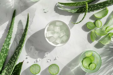 Sunlit arrangement of aloe vera leaves, lime slices, and bowl with aloe cubes on white surface