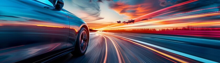 Fototapeta na wymiar Dynamic Travel A dynamic angle of a car speeding along a highway, the horizon ahead promising new adventures and discoveries