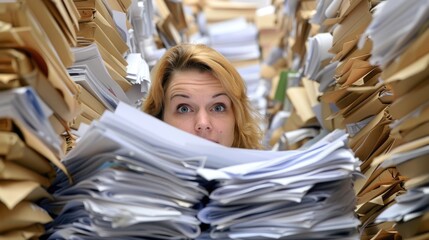 A woman peeks over a large stack of paperwork, appearing overwhelmed by the volume of documents