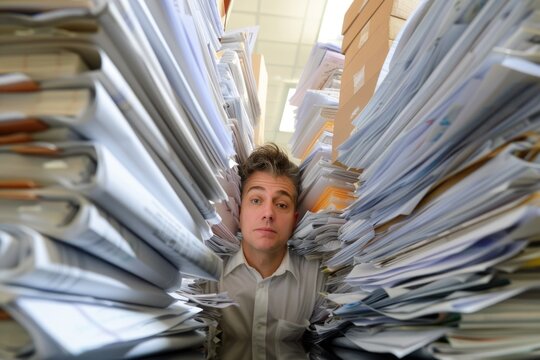 A man looks overwhelmed, standing amidst towering stacks of paperwork in a bureaucratic office