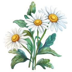 Beautiful hand-drawn illustration of three white daisies with green leaves on a white background, perfect for botanical designs.