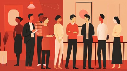 An illustration of a group of diverse professionals networking and engaging in a social gathering in a modern setting.