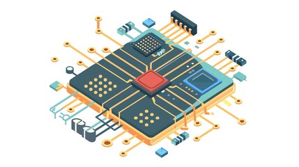 An isometric illustration of a microchip with intricate circuitry, showcasing the complex architecture of computer hardware components.