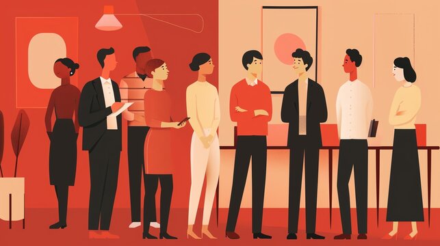 An illustration of a group of diverse professionals networking and engaging in a social gathering in a modern setting.