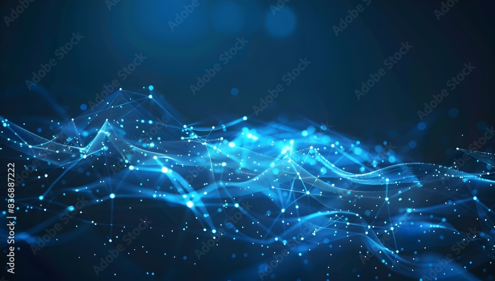 Poster abstract dark blue background with glowing lines and dots, technology banner for presentation or sit