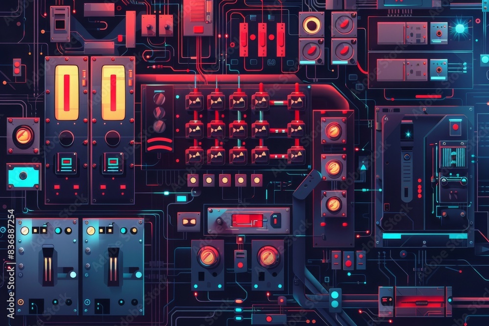 Poster futuristic control panel with glowing buttons and switches, showcasing modern technology and cyberpu